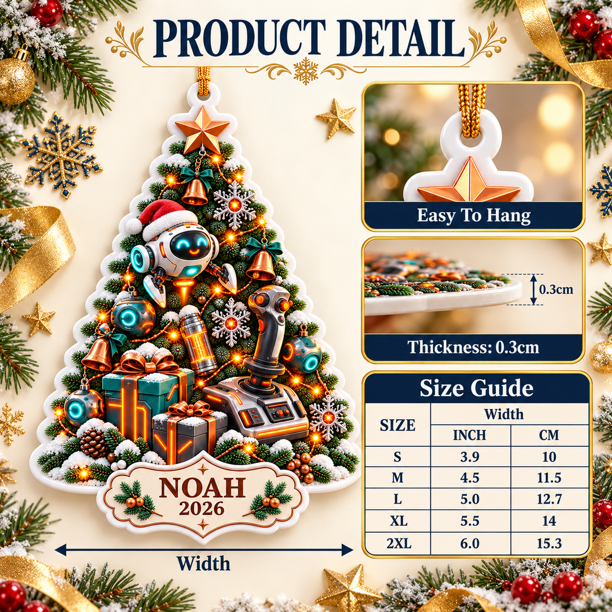 Gamer Christmas Tree Holiday Hanging Keepsake with Robot and Joystick - 3D Relief Ornament