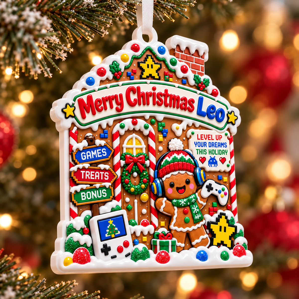 Gamer Gingerbread House Holiday Hanging Decoration - 3D Relief Ornament