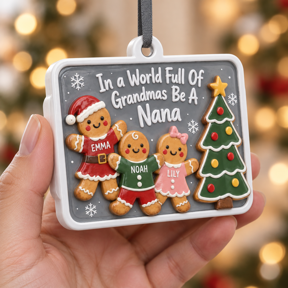 Nana Gingerbread Family Christmas Plaque, Rectangular Hanging Holiday Tree Decor - 3D Relief Ornament