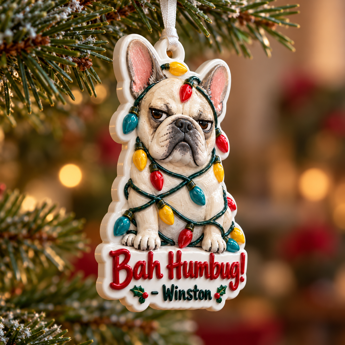 Grumpy French Bulldog Christmas Lights Bah Humbug Hanging Holiday Keepsake - 3D Relief Ornament