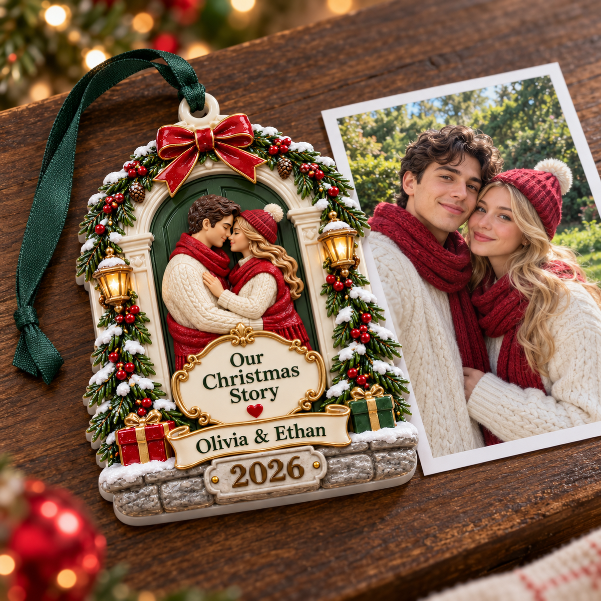 Winter Couple Holiday Doorway Plaque with Ribbon - 3D Relief Ornament