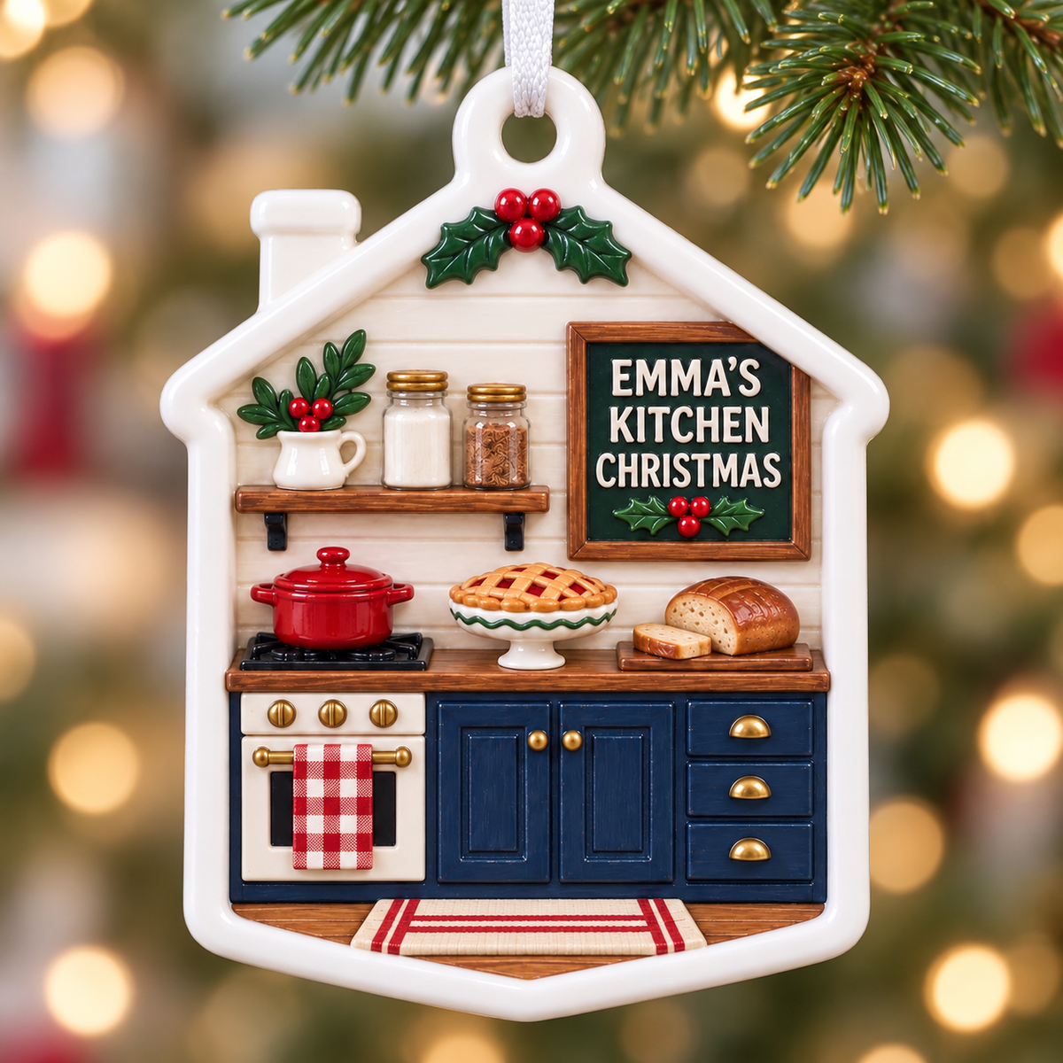 Holiday Kitchen Baking Scene House Shaped Hanging Tree Decor - 3D Relief Ornament
