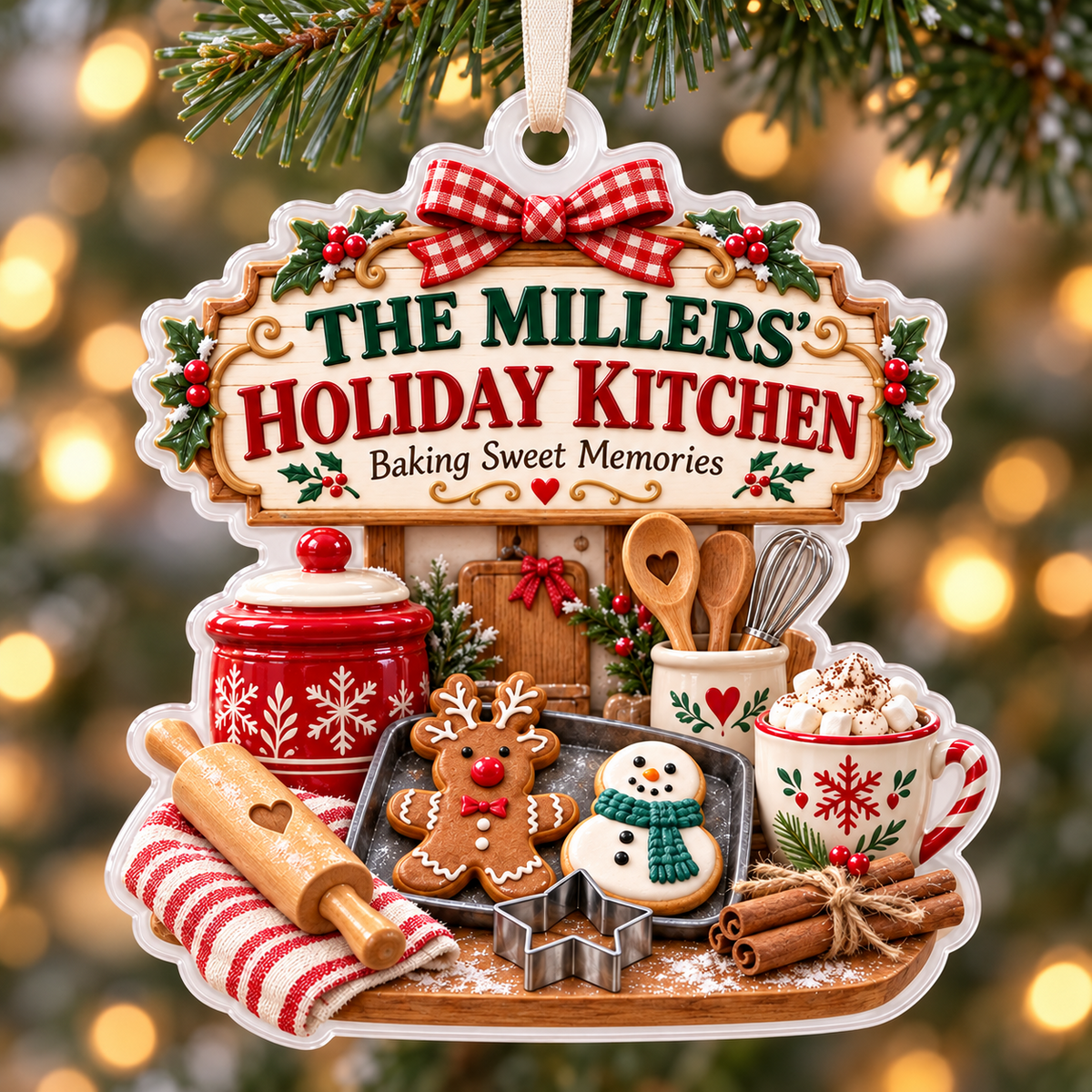 Holiday Kitchen Gingerbread Baking Scene Acrylic Hanging Tree Bauble - 3D Relief Ornament