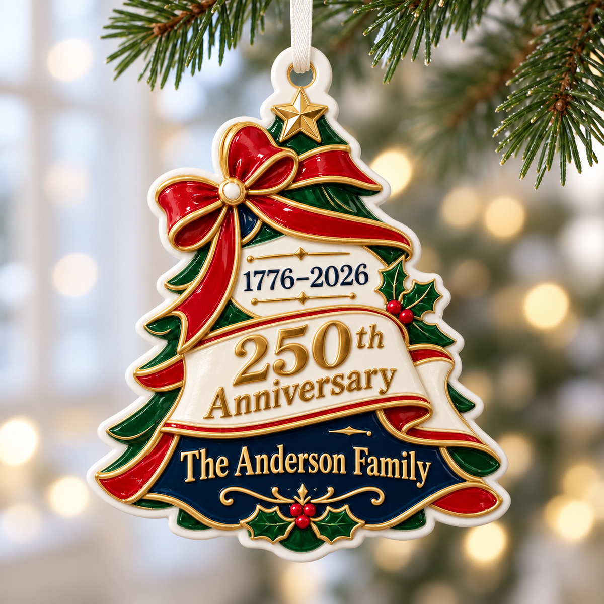 America 250th Anniversary 1776-2026 Christmas Tree Holiday Keepsake - 3D Relief Ornament