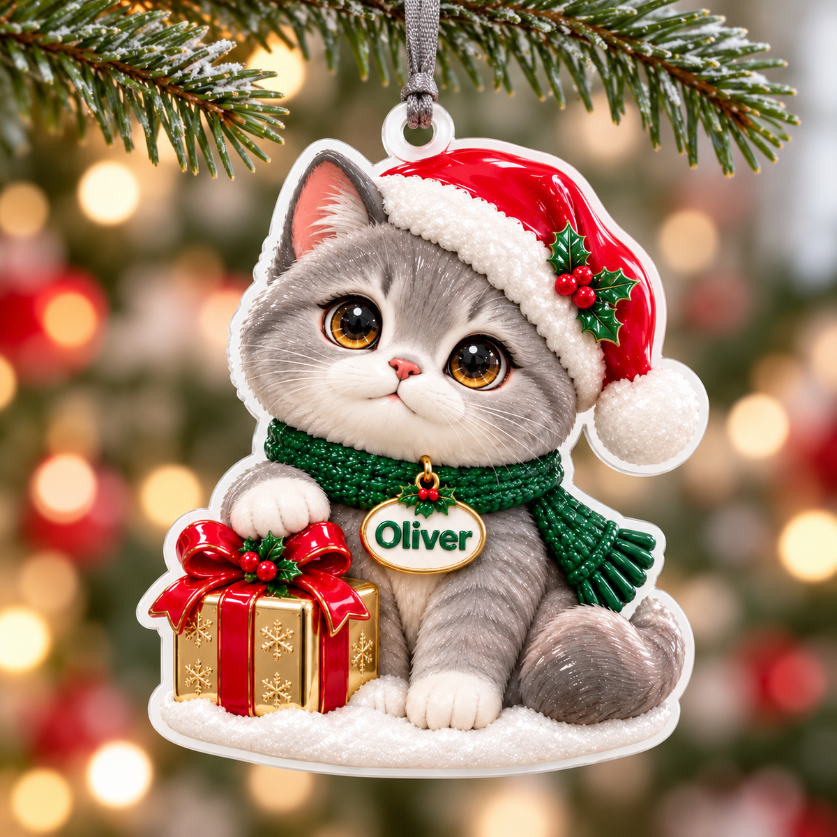 Christmas Grey Cat with Santa Hat and Holiday Present Acrylic Hanging Keepsake - 3D Relief Ornament