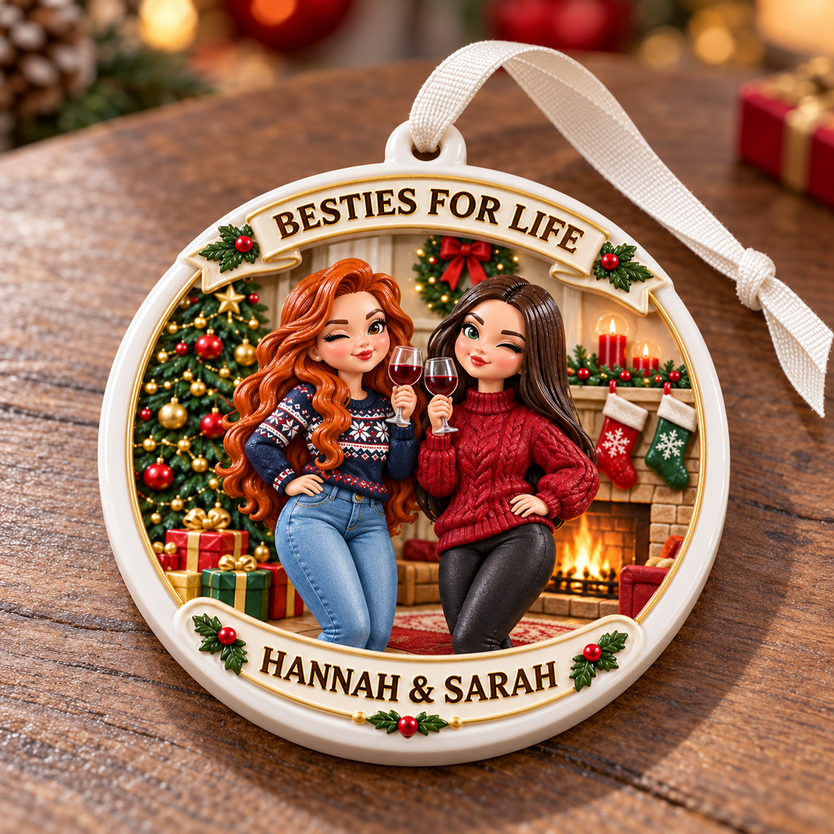 Best Friends Wine By Fireplace Christmas Holiday Medallion - 3D Relief Ornament
