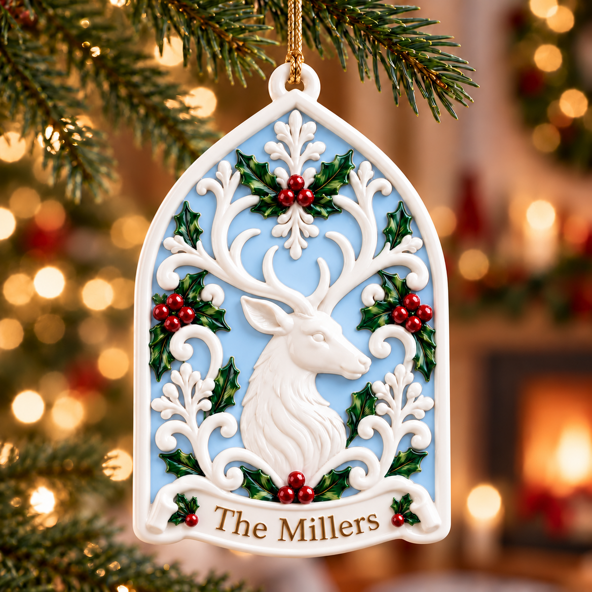 White Stag Deer Arch Acrylic Plaque with Holly Berry Flourish - 3D Relief Ornament