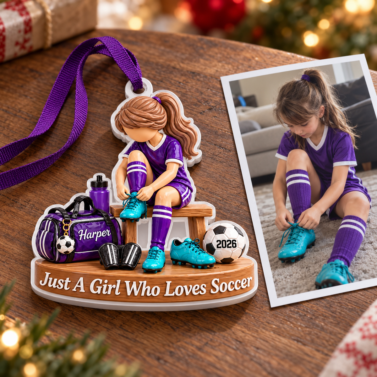 Girl Soccer Player Locker Room Bench Acrylic Hanging Holiday Keepsake - 3D Relief Ornament