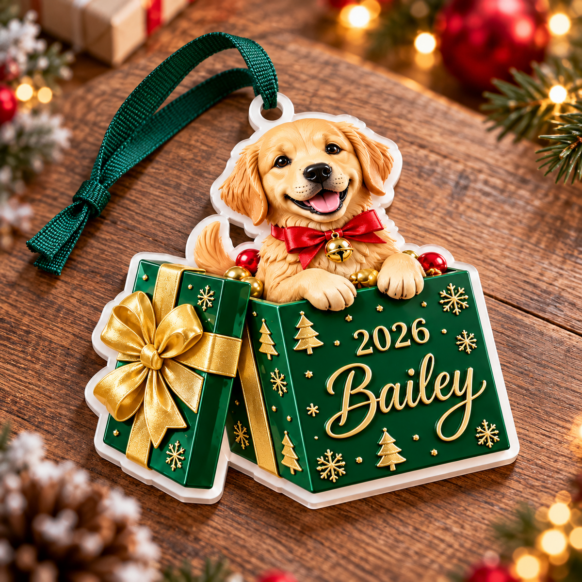 Golden Retriever Puppy in Christmas Gift Box Acrylic Tree Pendant - 3D Relief Ornament