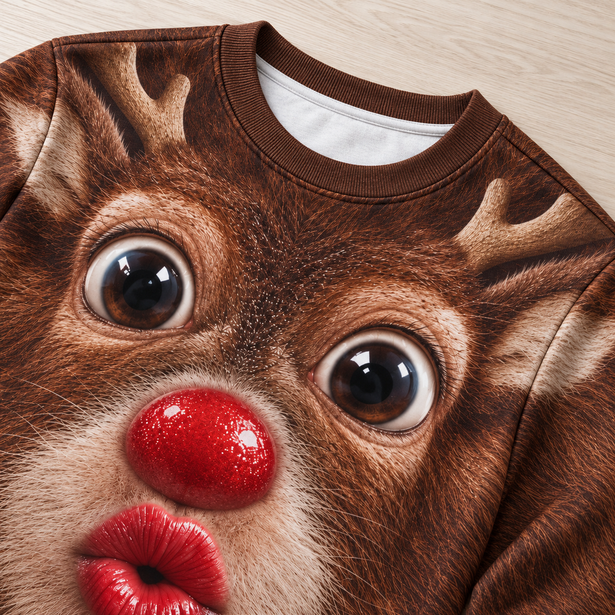 Funny Christmas Sweatshirt 3D Kissing Face Holiday Character Pullover