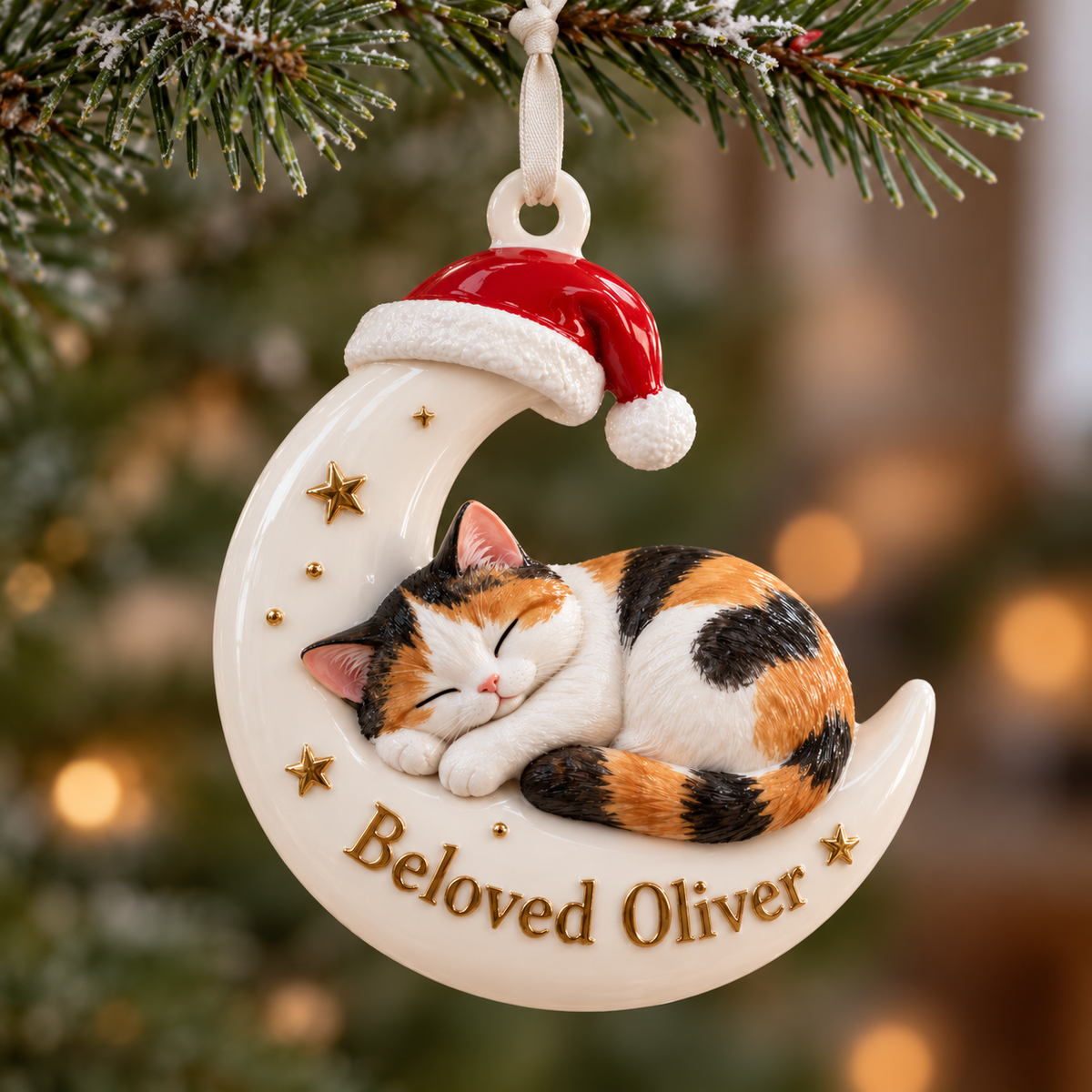 Sleeping Calico Cat on Crescent Moon with Santa Hat Holiday Keepsake - 3D Relief Ornament