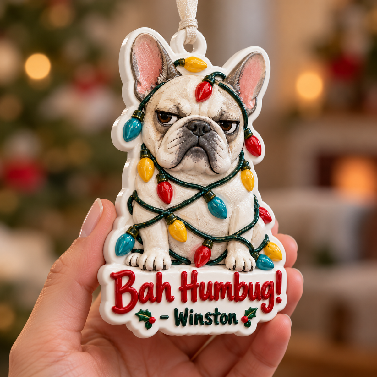 Grumpy French Bulldog Christmas Lights Bah Humbug Hanging Holiday Keepsake - 3D Relief Ornament