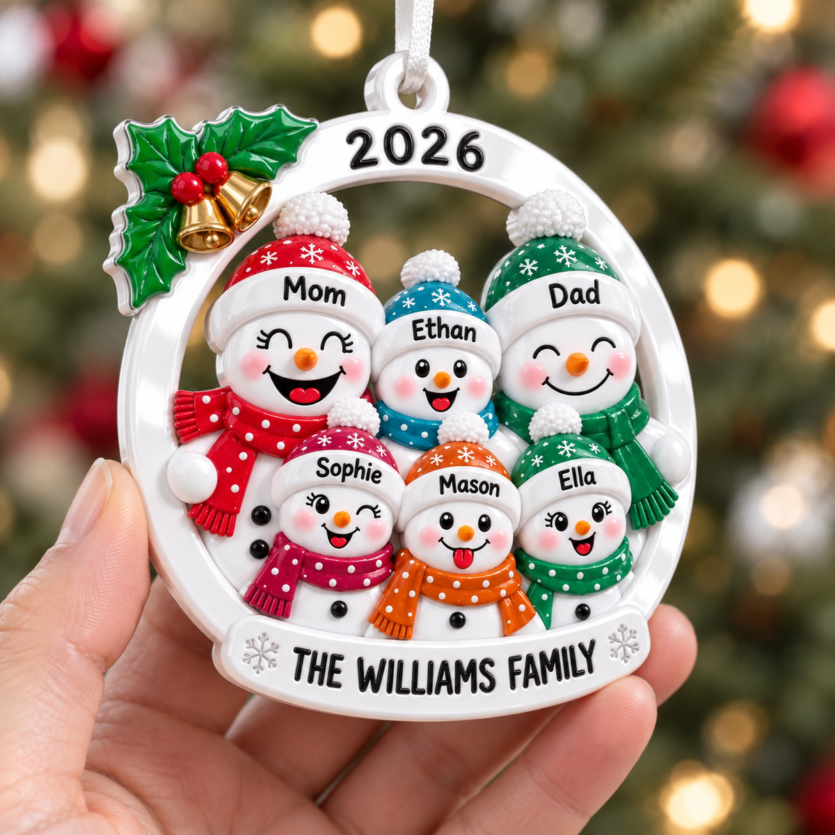 Snowman Family of 6 Christmas Tree Hanging Decoration with Holly and Bells - 3D Relief Ornament
