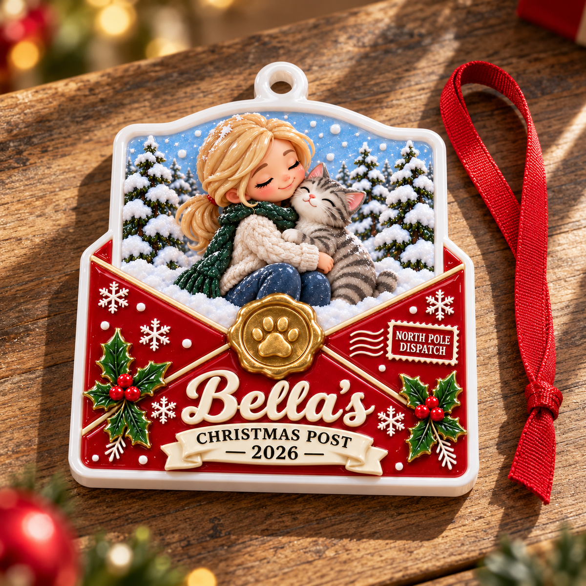 Christmas Red Envelope Winter Forest Scene with Pet Paw Wax Seal - 3D Relief Ornament