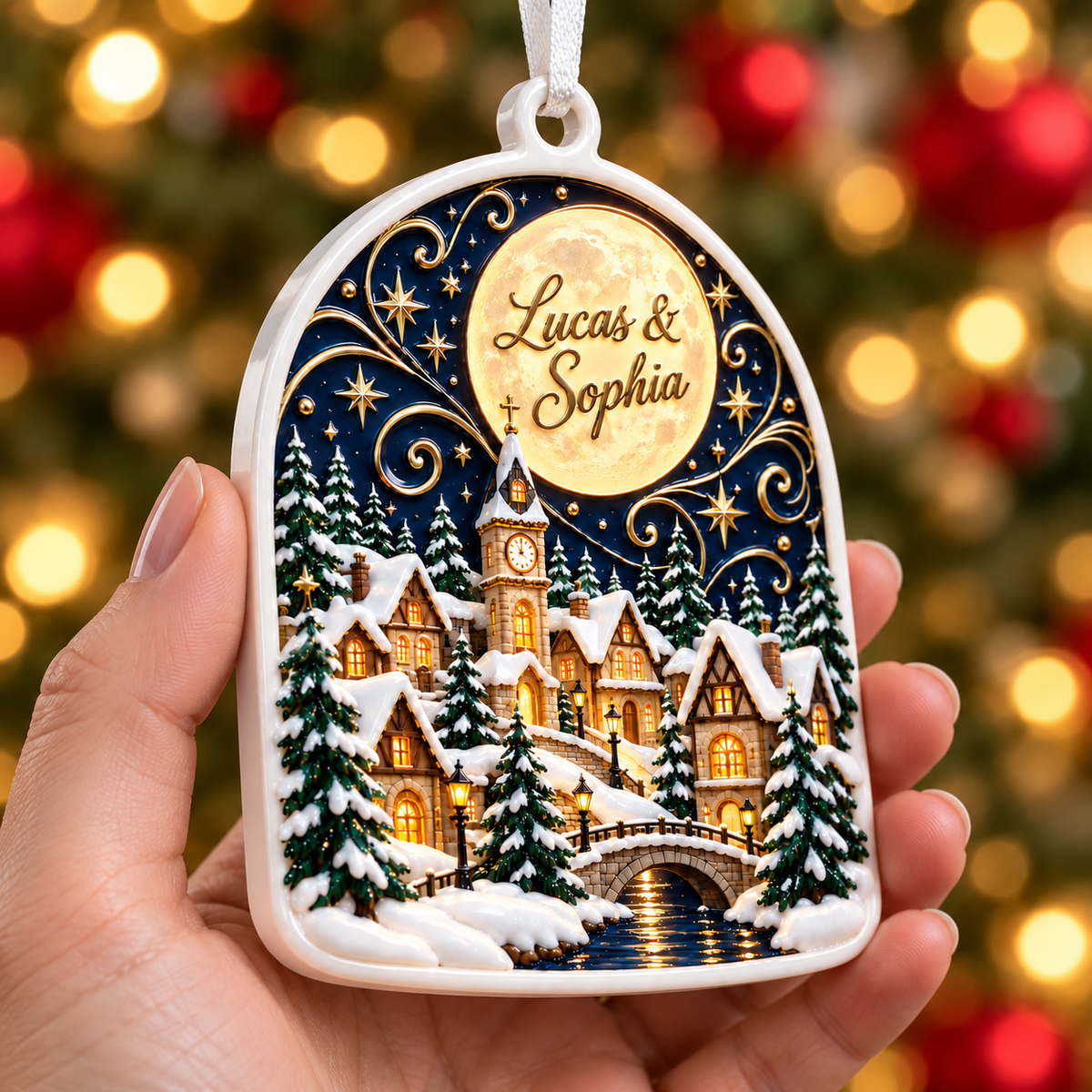Winter Village Night Scene Arch Acrylic Holiday Hanging Keepsake - 3D Relief Ornament