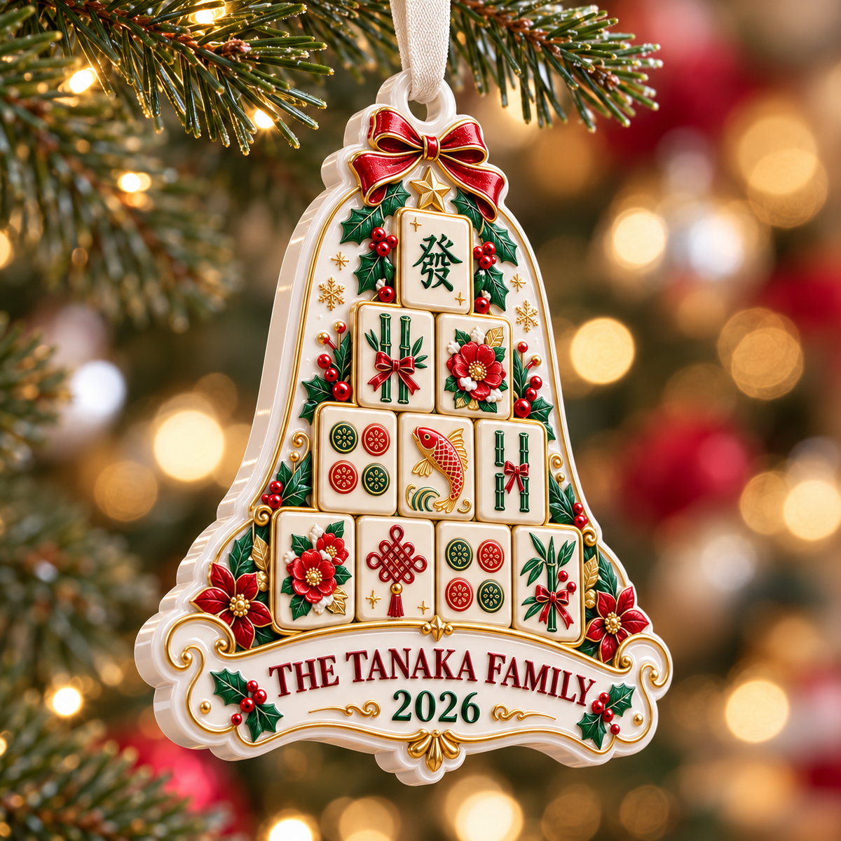 Mahjong Tile Christmas Bell Hanging Keepsake, Holiday Tree Decor - 3D Relief Ornament