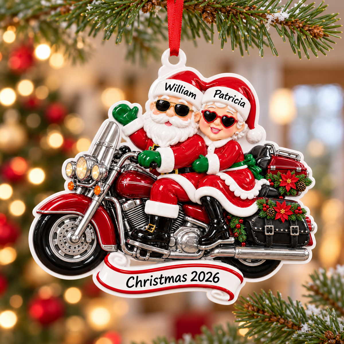 Motorcycle Riding Santa and Mrs Claus Christmas Tree Hanging Decoration - 3D Relief Ornament