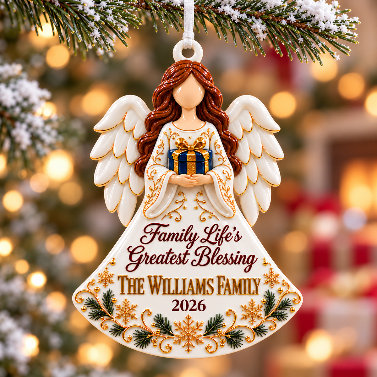 Family Blessing Angel Acrylic Keepsake with Wings and Gift Box Holiday Accent - 3D Relief Ornament