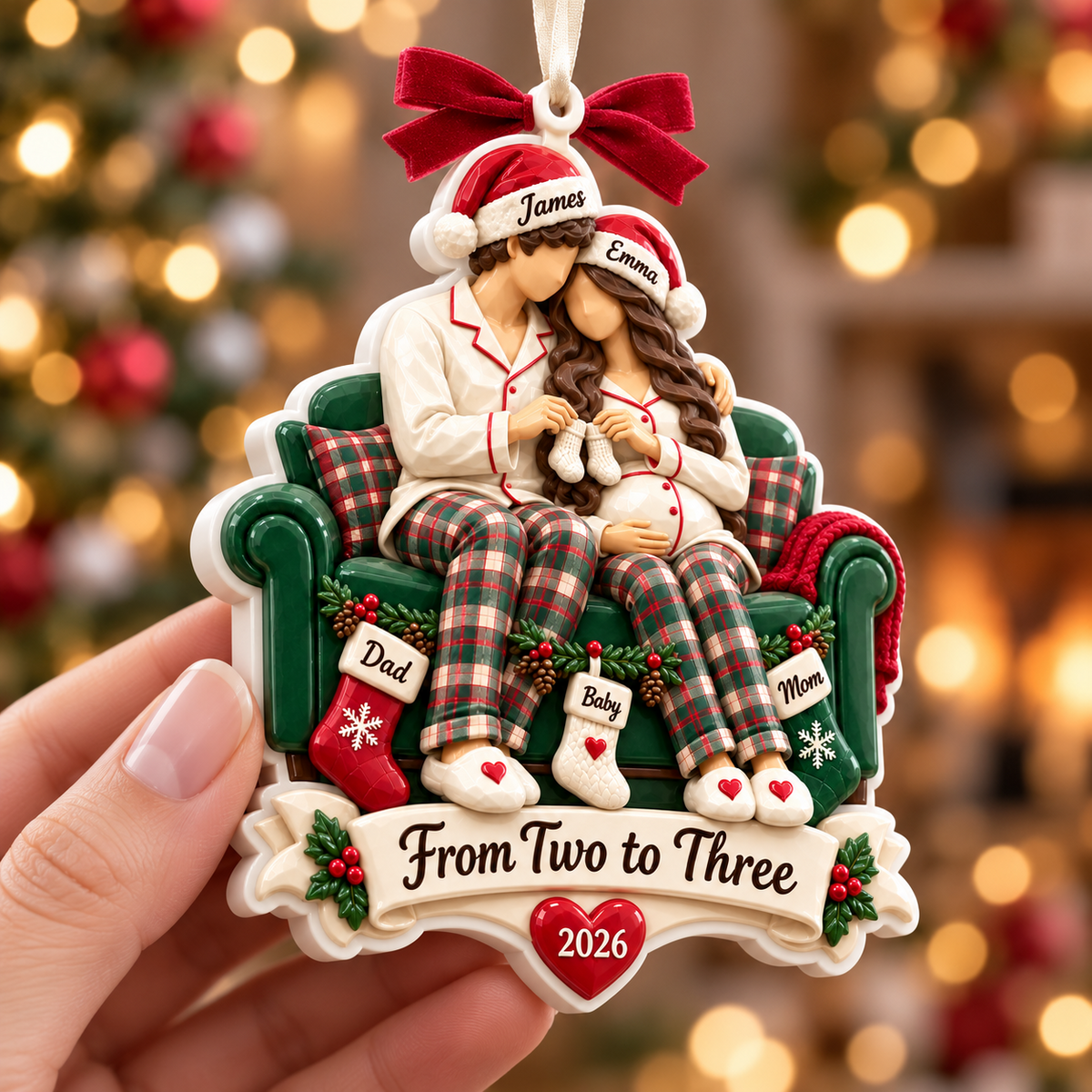 Expecting Couple on Green Couch Holiday Keepsake - 3D Relief Ornament