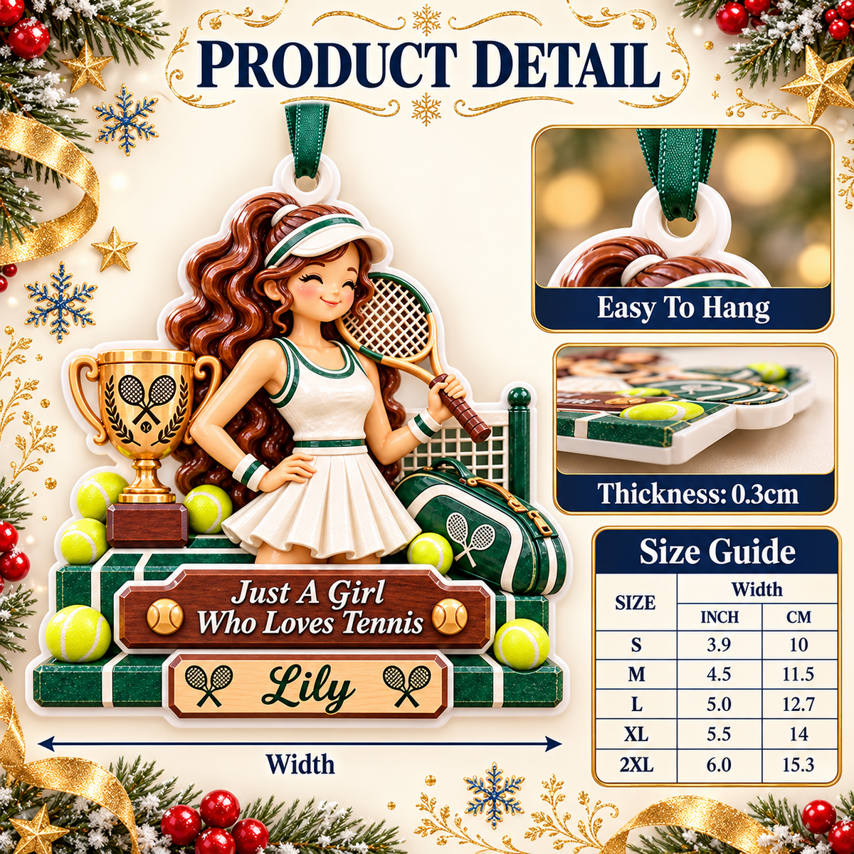 Girl Tennis Player with Trophy and Court Net Holiday Keepsake - 3D Relief Ornament