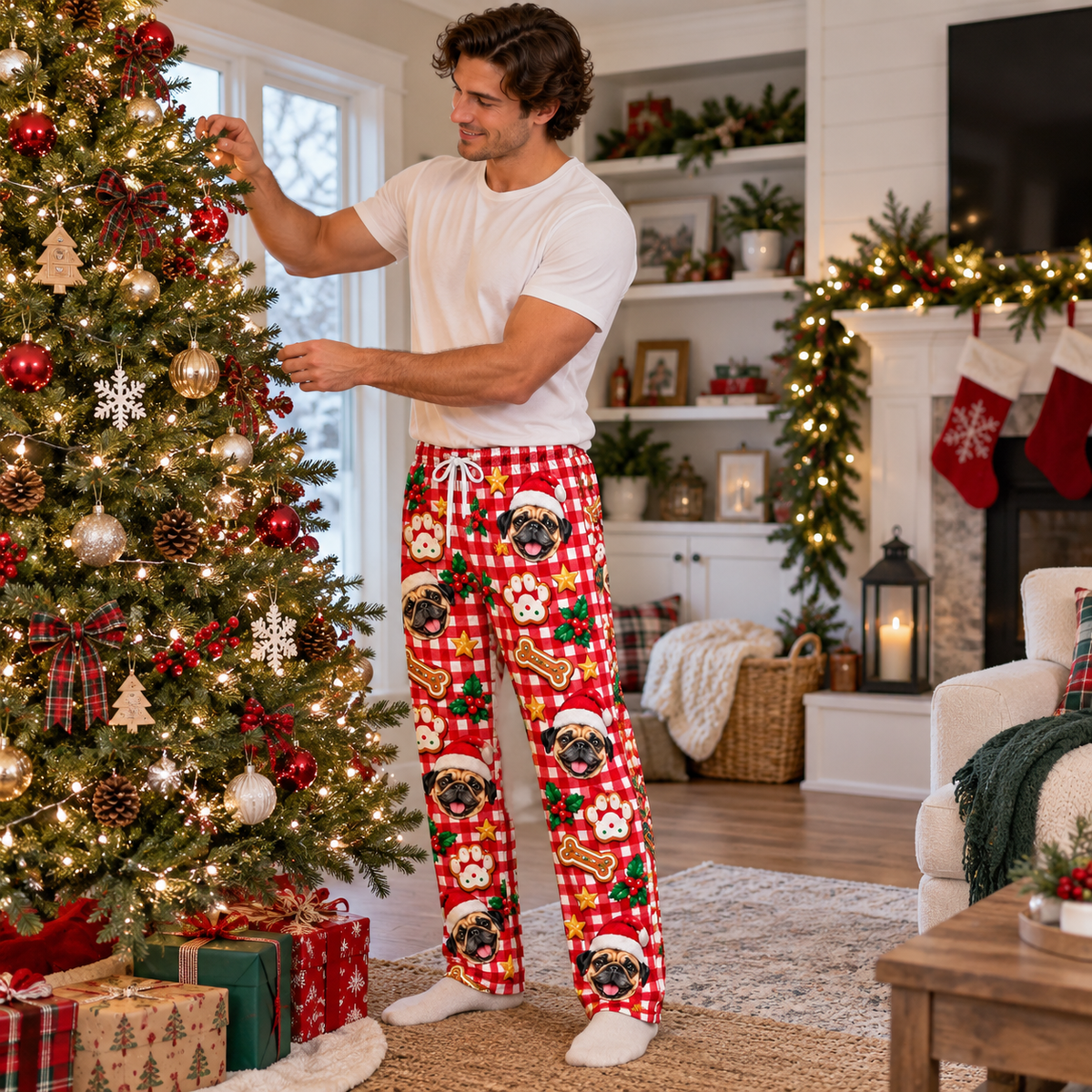 Mens Dog Christmas Pajama Pants Plaid Holiday Lounge Bottoms