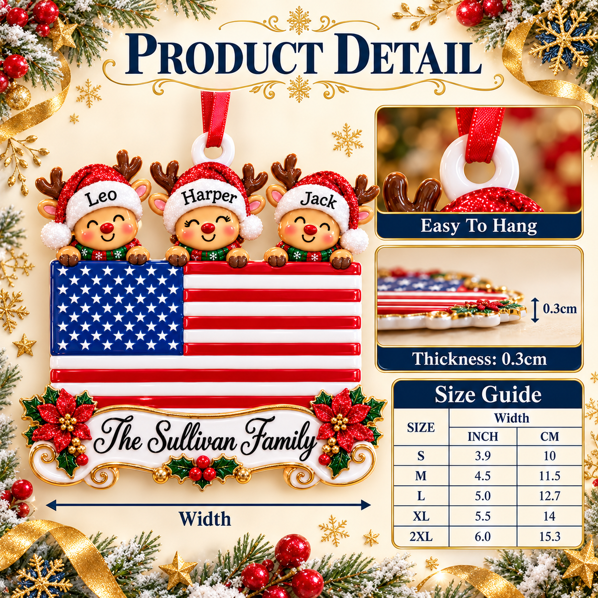 American Flag Family of 3 Reindeer Holiday Tree Hanging Decor - 3D Relief Ornament