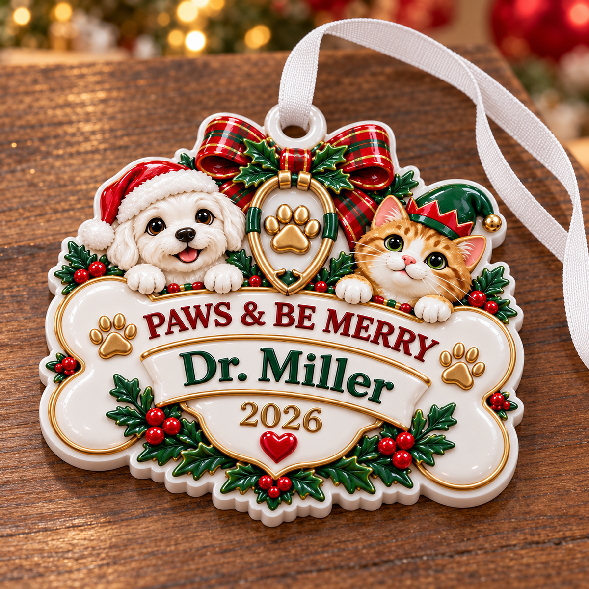 Veterinary Dog and Cat Bone Plaque Holiday Hanging Keepsake - 3D Relief Ornament