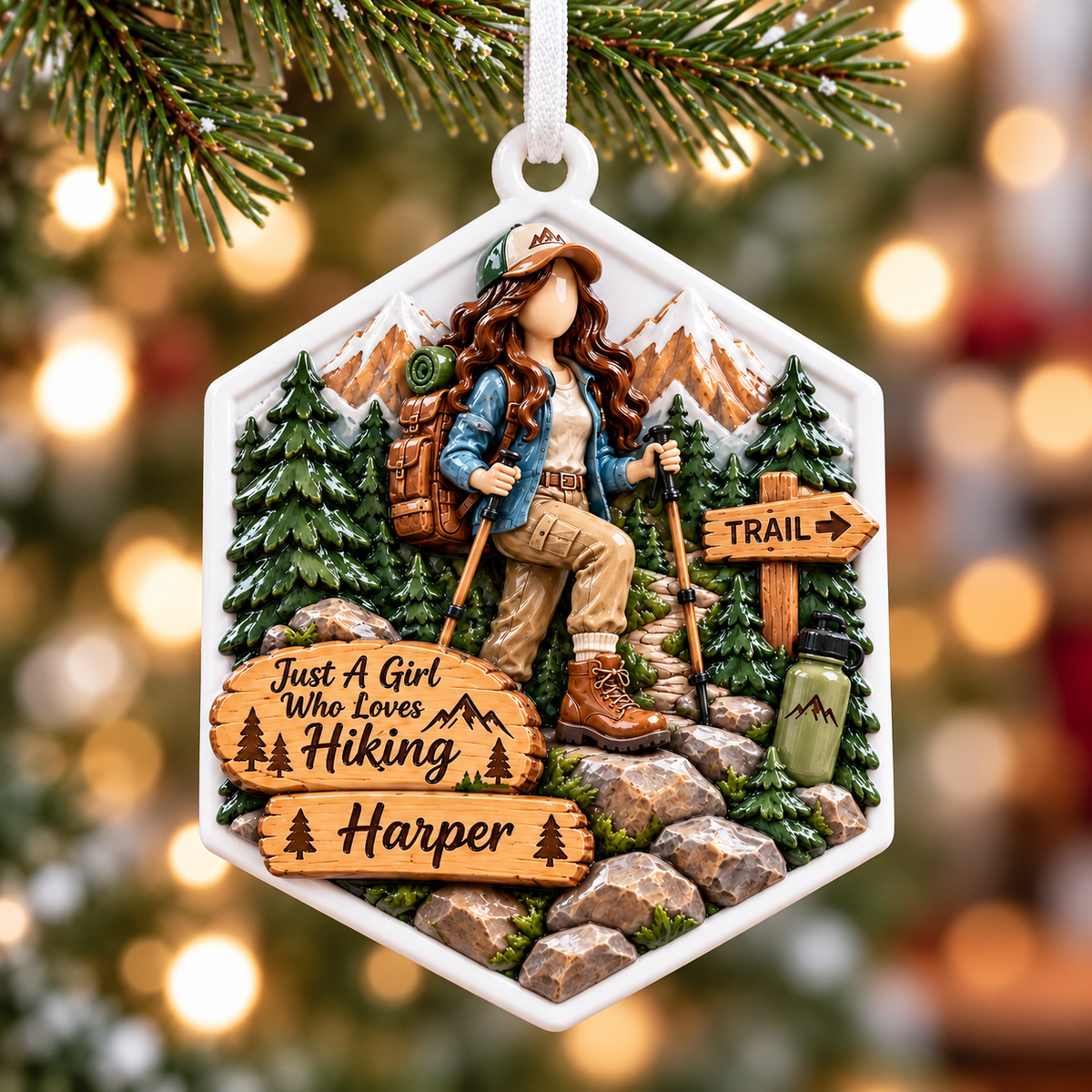 Hiking Girl Mountain Trail Hexagon Holiday Keepsake - 3D Relief Ornament