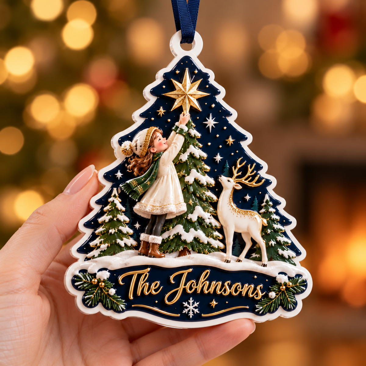 Winter Forest Girl and Deer Christmas Tree Plaque Holiday Keepsake - 3D Relief Ornament