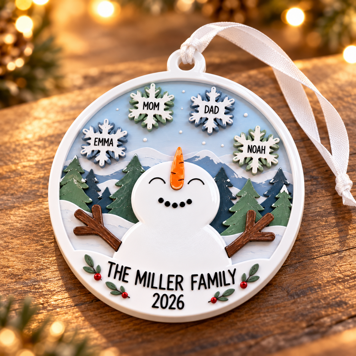 Snowman Family Winter Snowflakes Christmas Tree Hanging Decor, Round Pine Forest Scene - 3D Relief Ornament