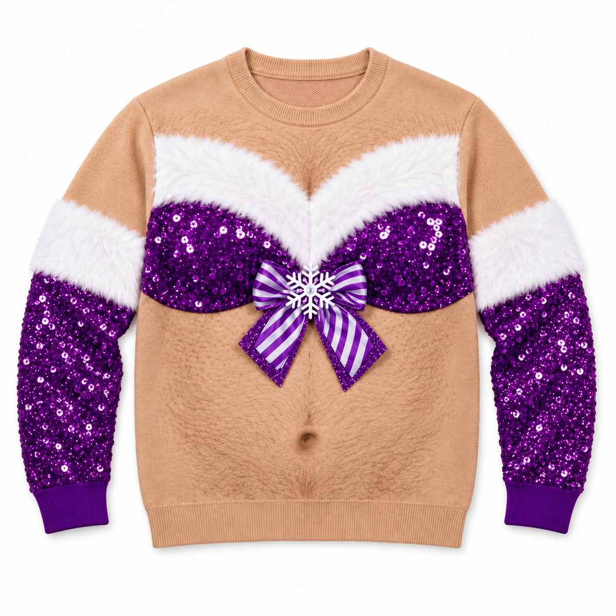 Ugly Christmas Sweatshirt Hairy Chest Sequin Bra Bow Crewneck