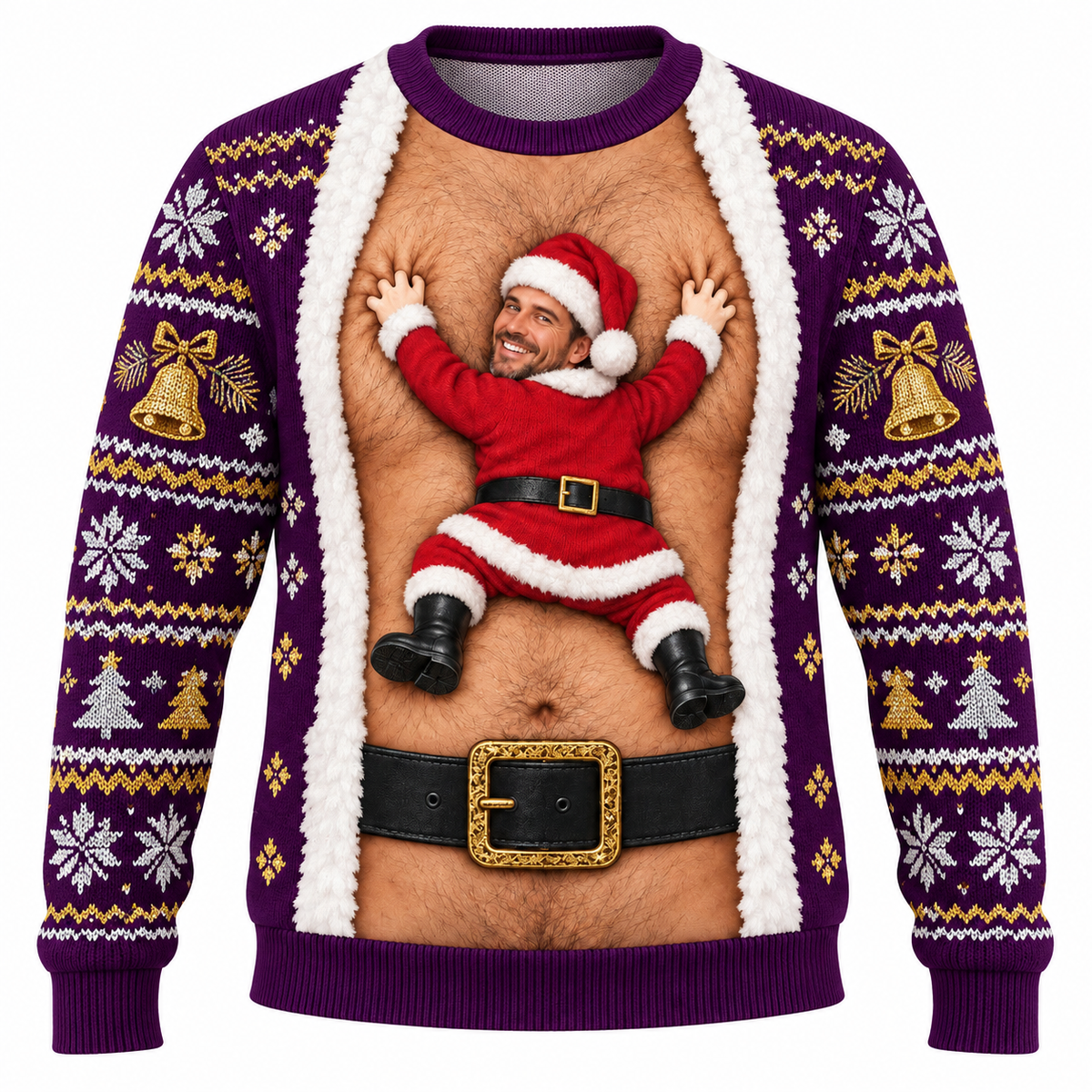 Funny Christmas Sweatshirt Hairy Chest Santa Faux Cardigan Crewneck