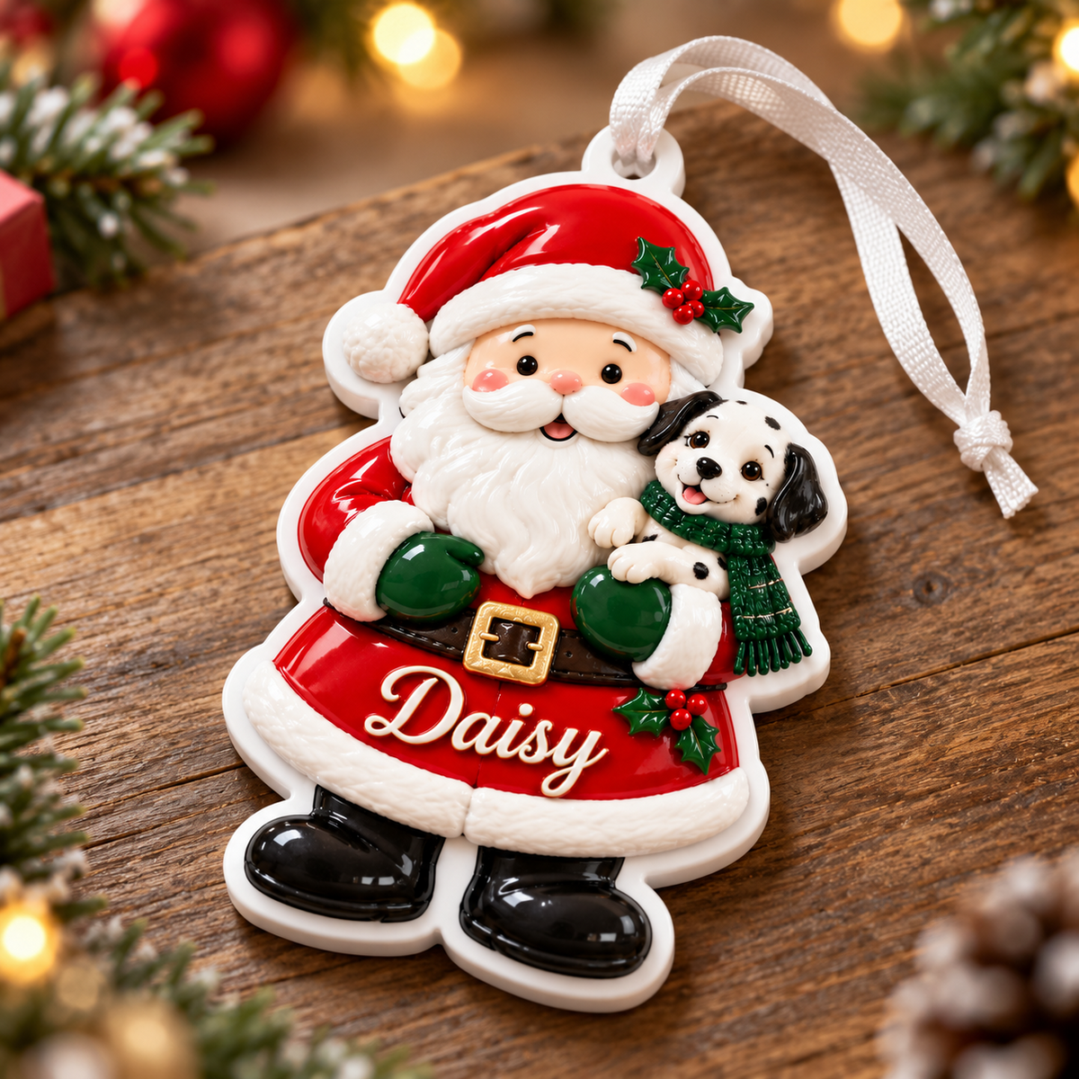 Santa Claus Holding Spotted Puppy Dog Christmas Tree Hanging Accent - 3D Relief Ornament
