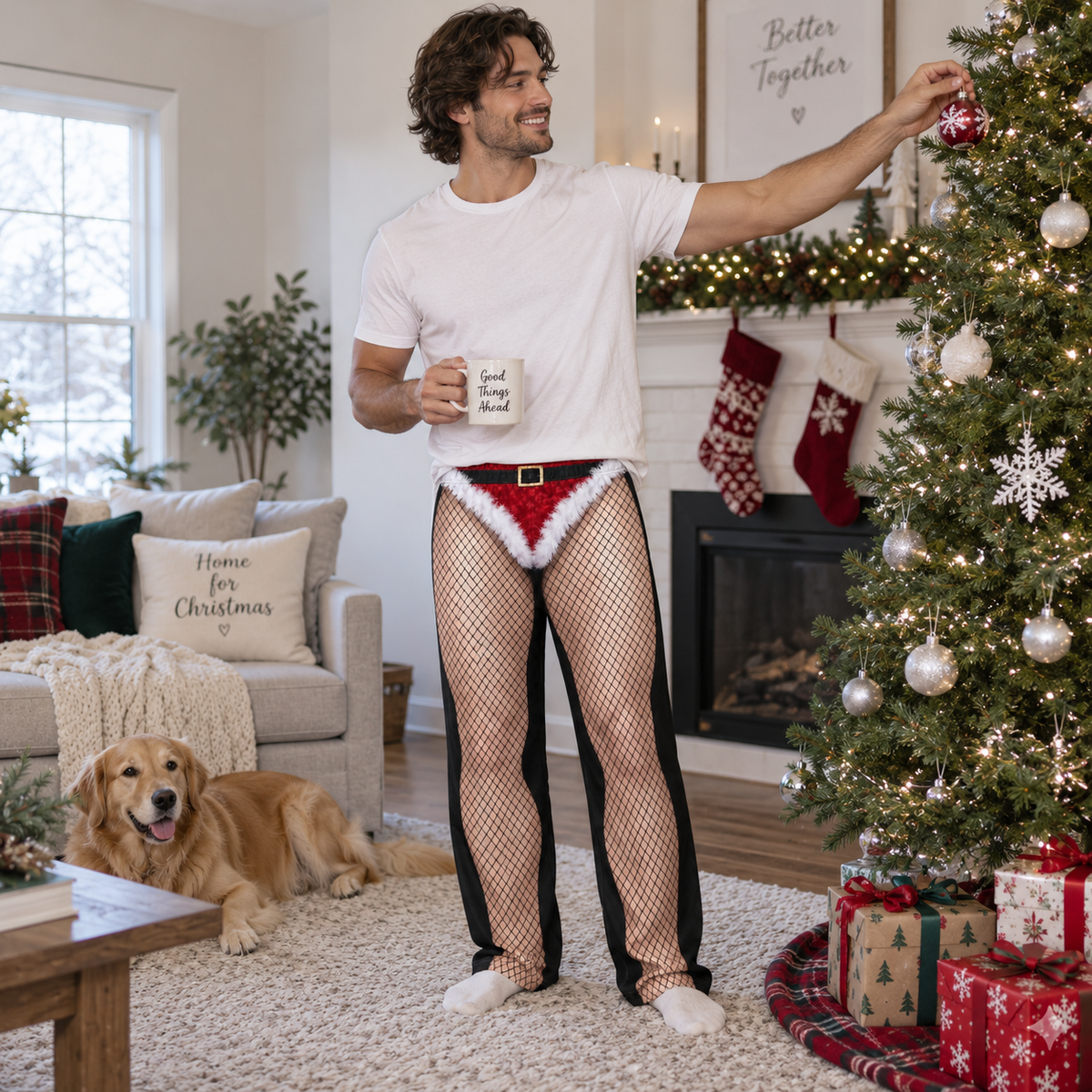 Novelty Christmas Pajama Pants Fishnet Santa Brief Print Loungewear