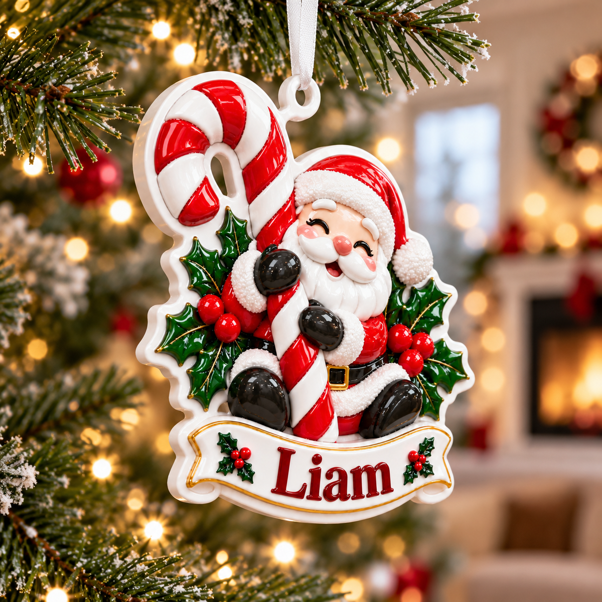 Santa Claus with Candy Cane Christmas Tree Hanging Plaque - 3D Relief Ornament
