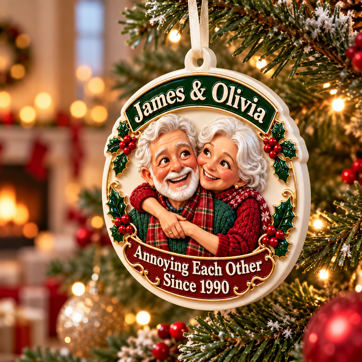 Elderly Couple Annoying Each Other Round Ceramic Holiday Keepsake - 3D Relief Ornament