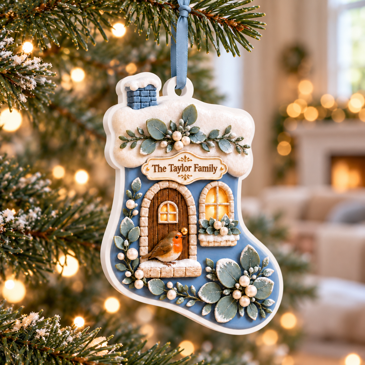 Christmas Stocking Cottage House with Winter Robin Acrylic Holiday Hanging Keepsake - 3D Relief Ornament