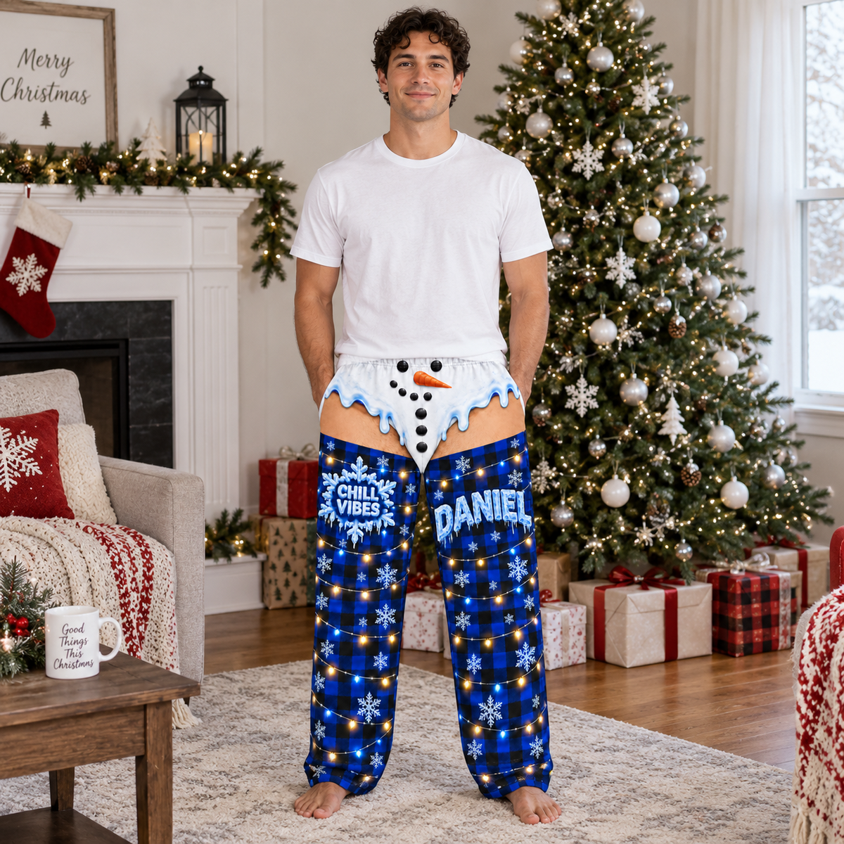 Novelty Christmas Pajama Pants, Mens Plaid Holiday Lounge Bottoms