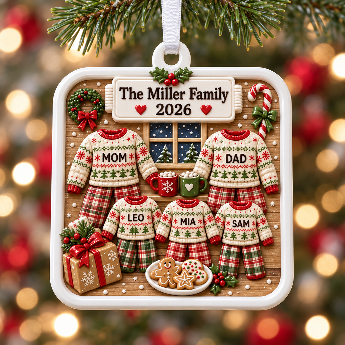 Family Christmas Pajamas Plaque with Sweaters and Cookies Holiday Keepsake - 3D Relief Ornament