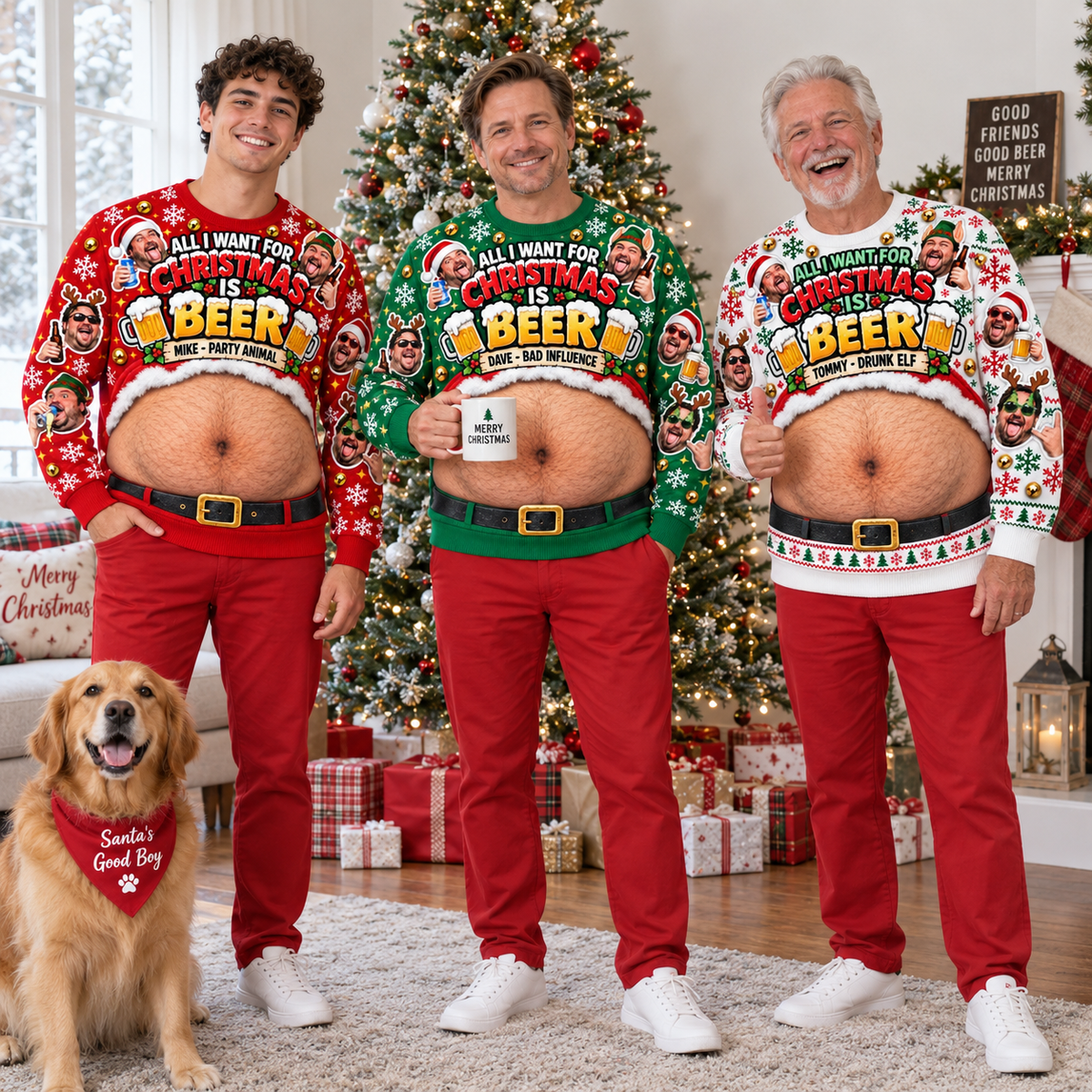 Beer Belly Christmas Sweatshirt Novelty Fake Hairy Stomach Pullover
