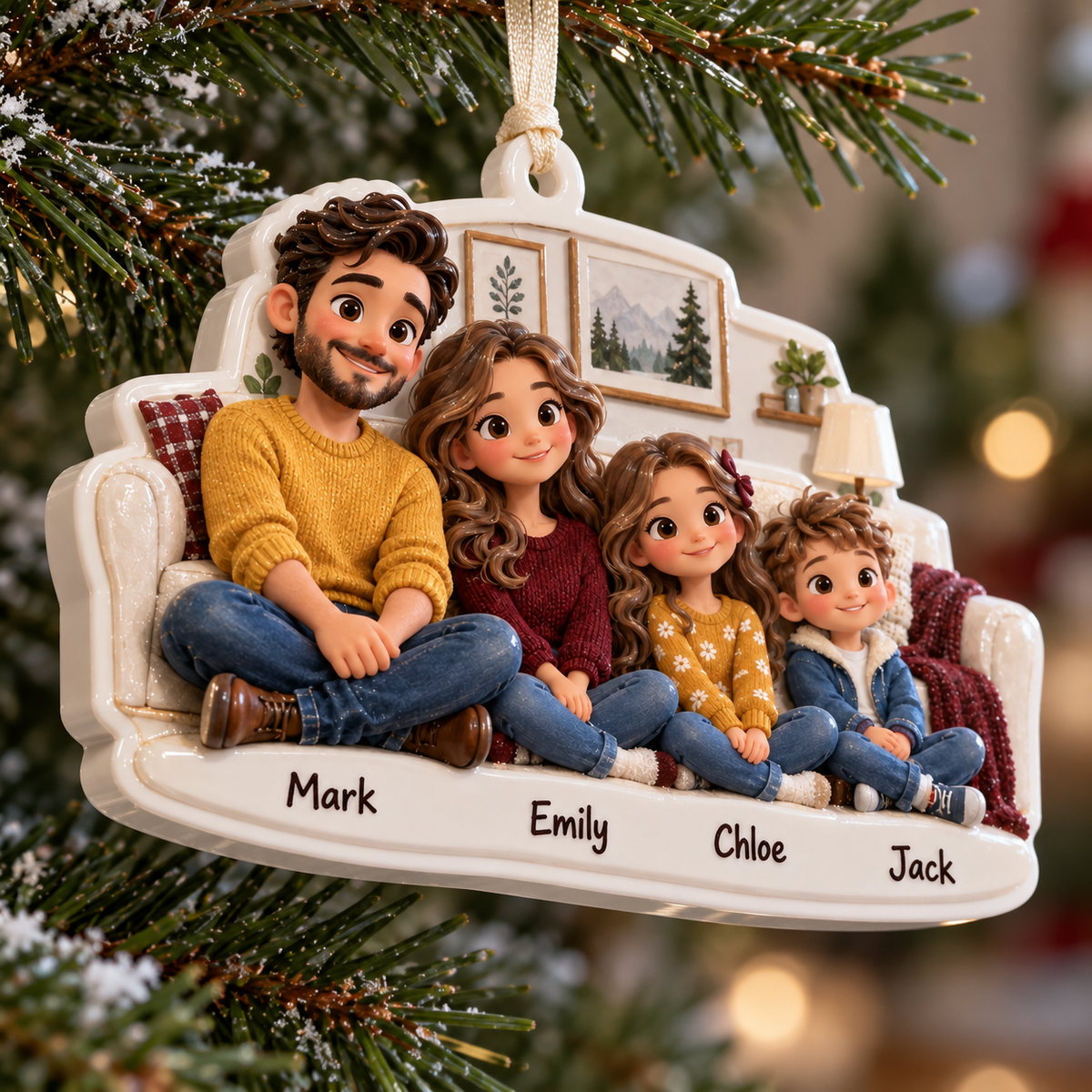 Cartoon Family of Four on Living Room Couch Hanging Holiday Keepsake - 3D Relief Ornament