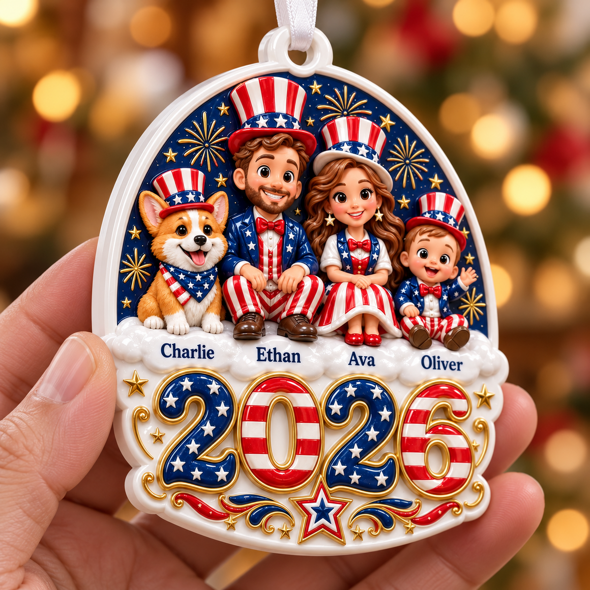 Patriotic Family with Dog 2026 Year Hanging Keepsake - 3D Relief Ornament