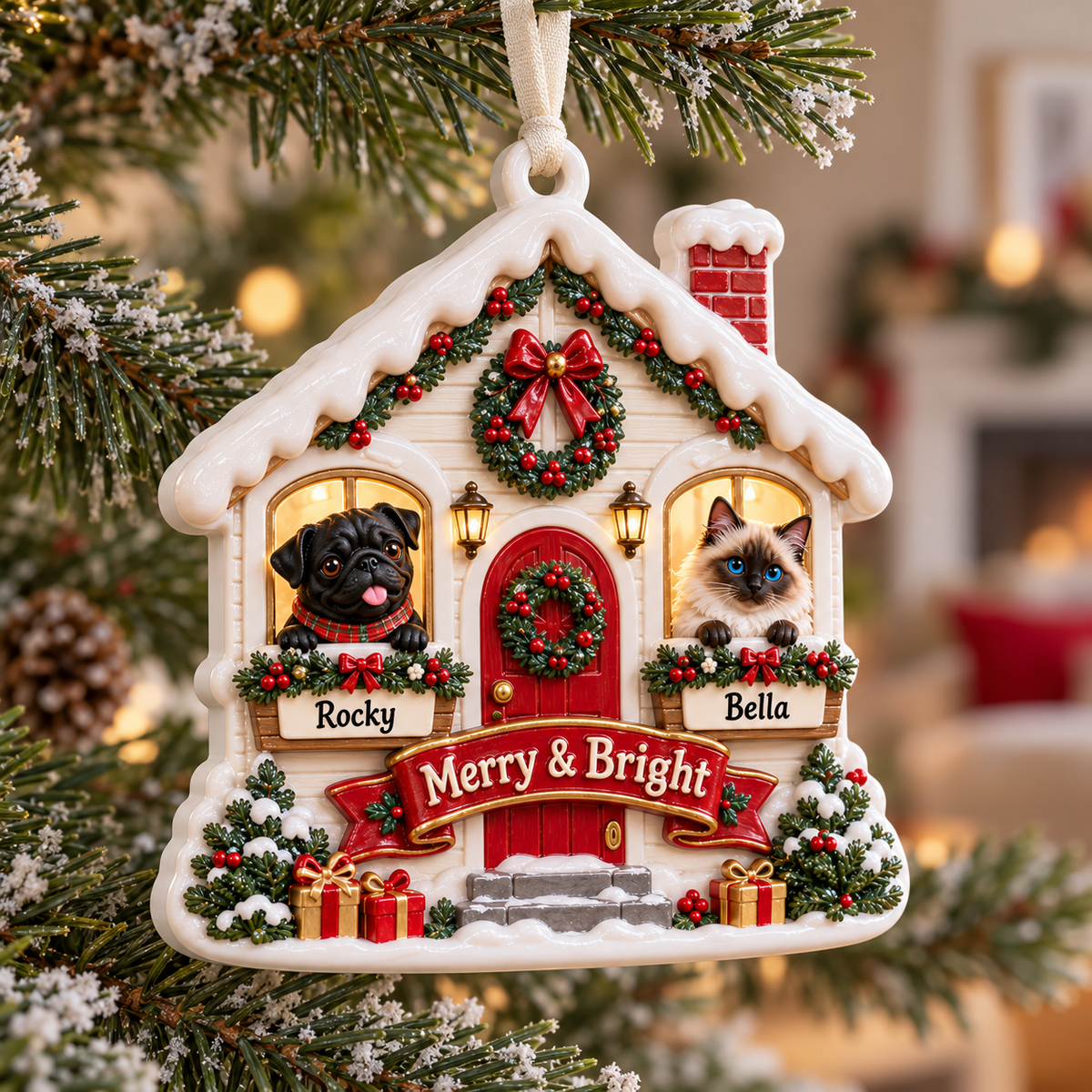 Winter Cottage Dog and Cat Holiday Keepsake Plaque - 3D Relief Ornament