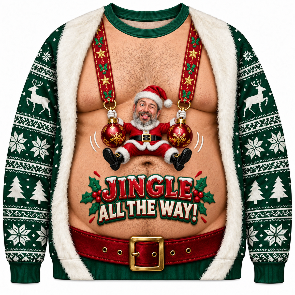 Funny Christmas Sweatshirt Faux Hairy Chest Holiday Graphic Crewneck