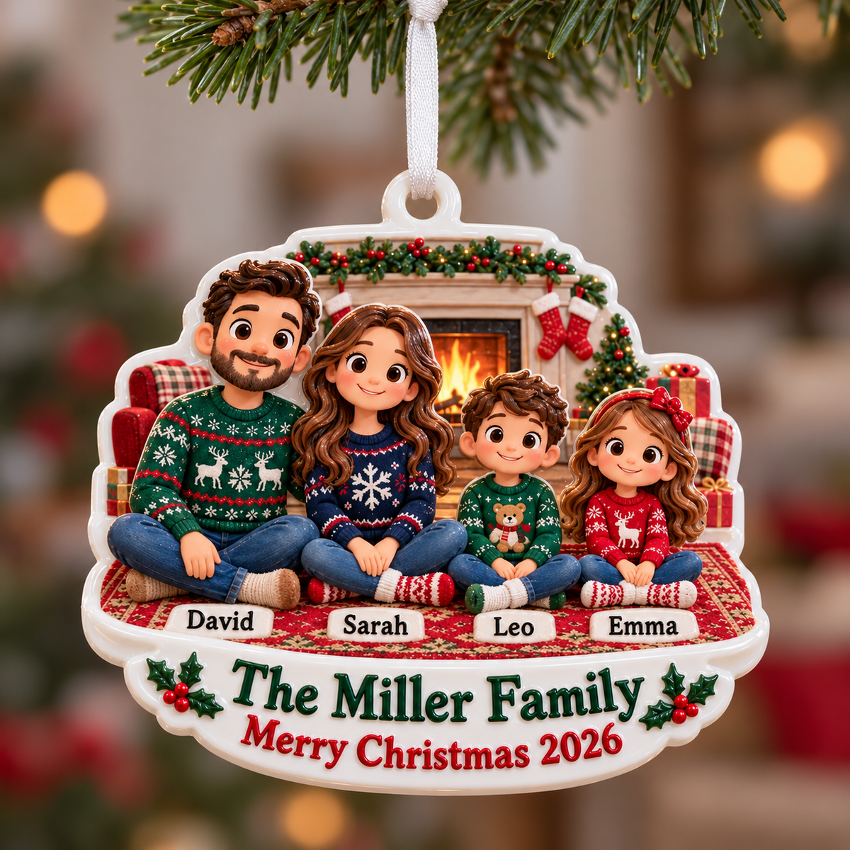 Family of Four by the Fireplace Cartoon Holiday Keepsake - 3D Relief Ornament