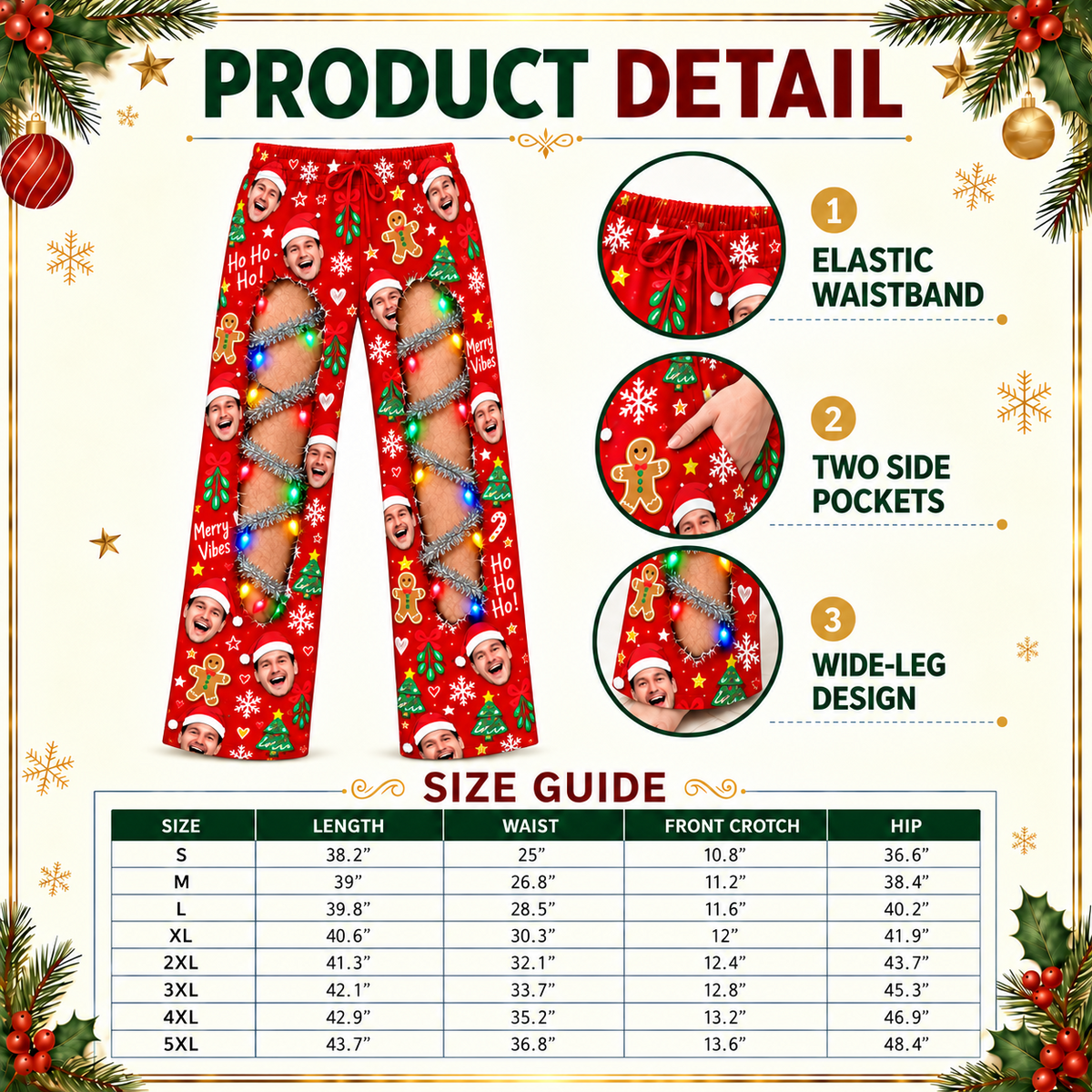 Christmas Pajama Pants Ripped Leg Holiday Lights Lounge Bottoms
