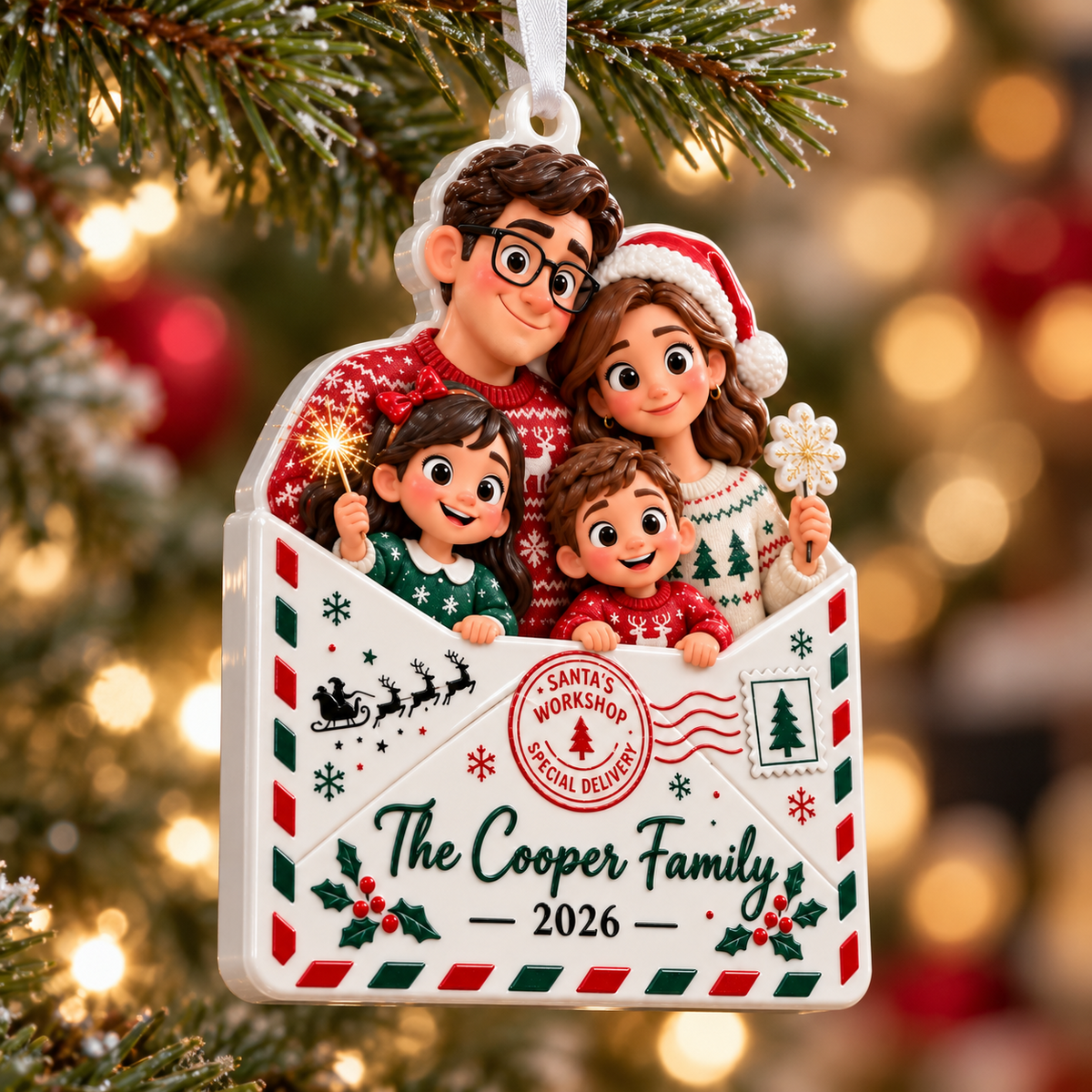 Cartoon Family of Four in Christmas Letter Envelope Hanging Keepsake - 3D Relief Ornament