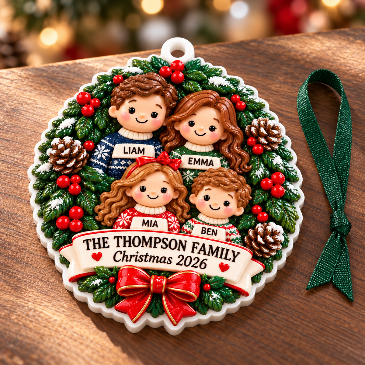 Family of Four Christmas Wreath Medallion with Red Ribbon Bow - 3D Relief Ornament