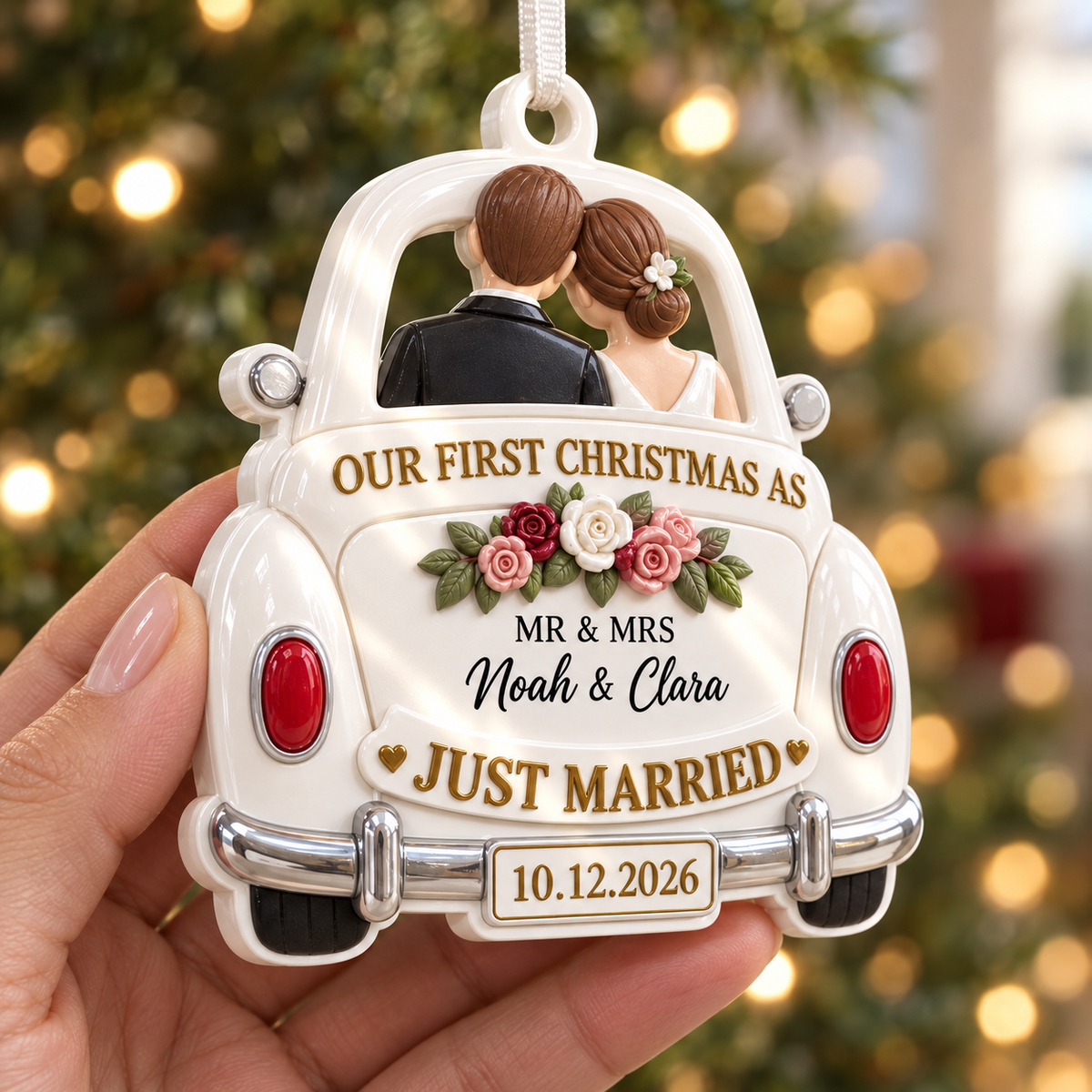 Just Married Vintage Getaway Car First Christmas Newlywed Couple Holiday Keepsake - 3D Relief Ornament