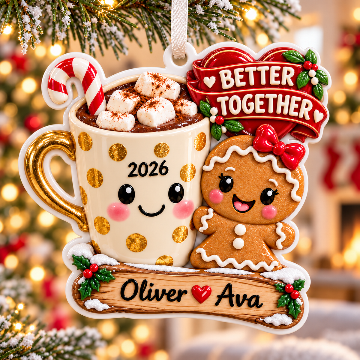 Hot Cocoa Mug and Gingerbread Couple Better Together Holiday Keepsake - 3D Relief Ornament